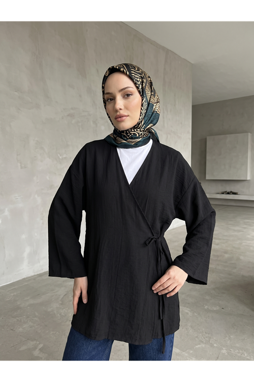 Lunsera Kadın Çilek Kumaş Kimono Bluz Yandan Bağlamalı Uzun Kollu Tesettür Bluz-Siyah