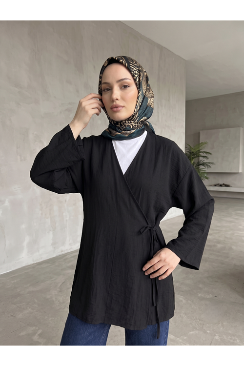 Lunsera Kadın Çilek Kumaş Kimono Bluz Yandan Bağlamalı Uzun Kollu Tesettür Bluz-Siyah
