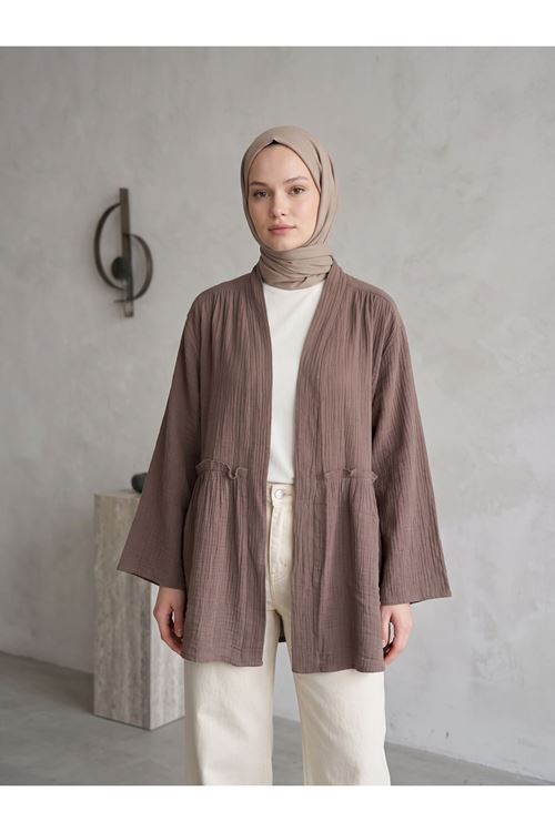 Lunsera Kadın Müslin Kumaş Açık Ön Kimono Büzgü Detaylı Geniş Kollu Tesettür Kimono-Duman