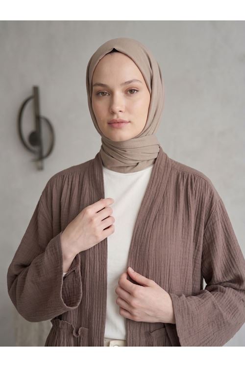 Lunsera Kadın Müslin Kumaş Açık Ön Kimono Büzgü Detaylı Geniş Kollu Tesettür Kimono-Duman