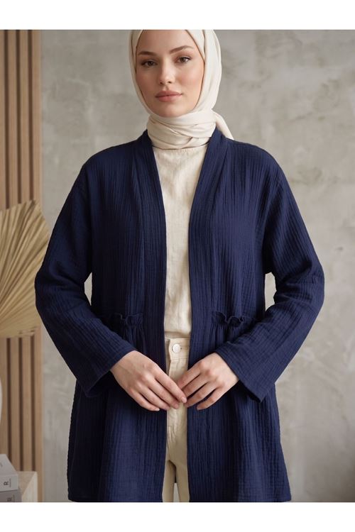 Lunsera Kadın Müslin Kumaş Açık Ön Kimono Büzgü Detaylı Geniş Kollu Tesettür Kimono-Lacivert