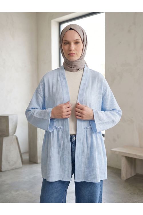 Lunsera Kadın Müslin Kumaş Açık Ön Kimono Büzgü Detaylı Geniş Kollu Tesettür Kimono-Mavi
