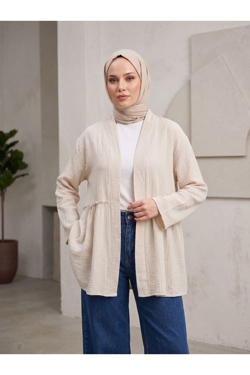 Lunsera Kadın Müslin Kumaş Açık Ön Kimono Büzgü Detaylı Geniş Kollu Tesettür Kimono-Taş