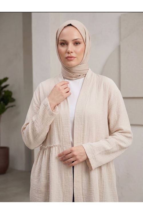 Lunsera Kadın Müslin Kumaş Açık Ön Kimono Büzgü Detaylı Geniş Kollu Tesettür Kimono-Taş