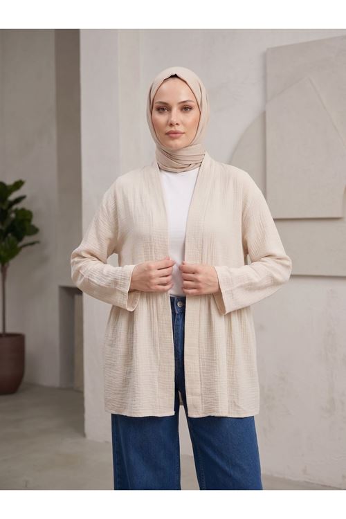 Lunsera Kadın Müslin Kumaş Açık Ön Kimono Büzgü Detaylı Geniş Kollu Tesettür Kimono-Taş