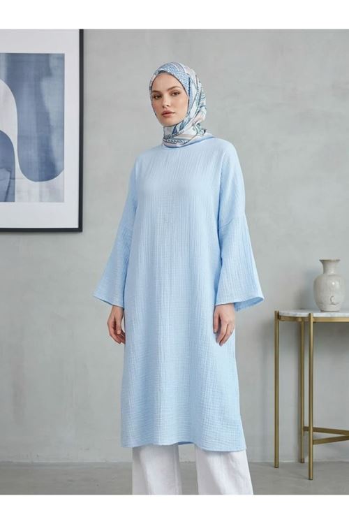 Lunsera Kadın Müslin Kumaş Oversize Uzun Tunik Rahat Kalıp Günlük Tesettür Tunik-Mavi