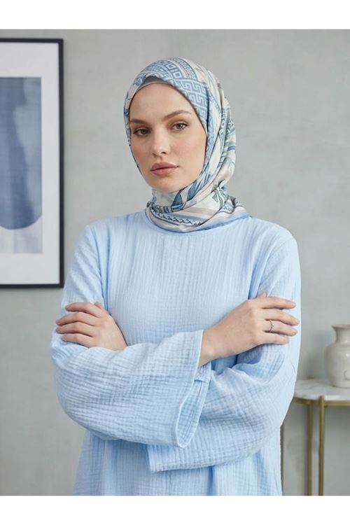 Lunsera Kadın Müslin Kumaş Oversize Uzun Tunik Rahat Kalıp Günlük Tesettür Tunik-Mavi
