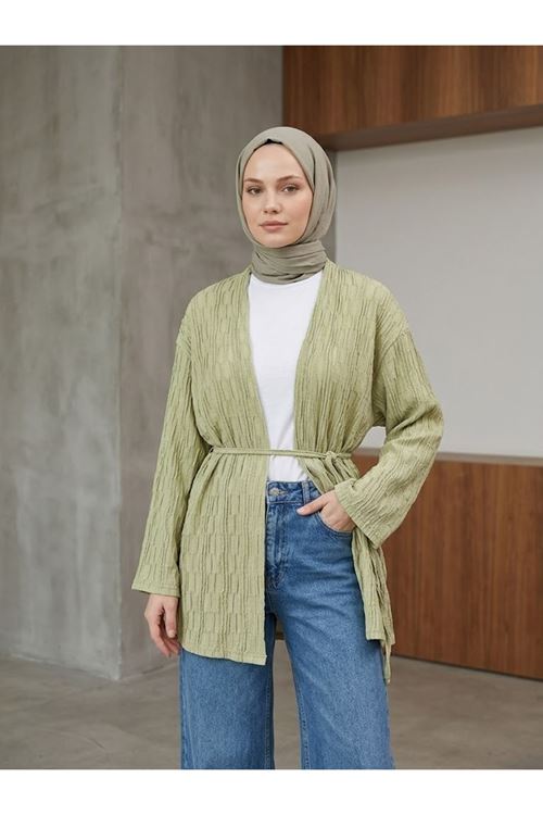 Lunsera Kadın Bürümcük Ağaç Kabuğu Kumaş Uzun Kollu Kimono Tesettür Hırka-YAĞ YEŞİLİ