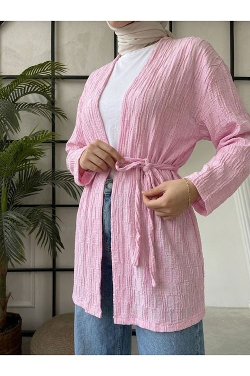 Lunsera Kadın Bürümcük Ağaç Kabuğu Kumaş Uzun Kollu Kimono Tesettür Hırka-Pembe