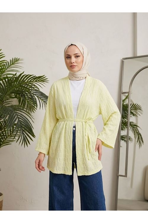 Lunsera Kadın Bürümcük Ağaç Kabuğu Kumaş Uzun Kollu Kimono Tesettür Hırka-Sarı