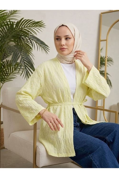 Lunsera Kadın Bürümcük Ağaç Kabuğu Kumaş Uzun Kollu Kimono Tesettür Hırka-Sarı