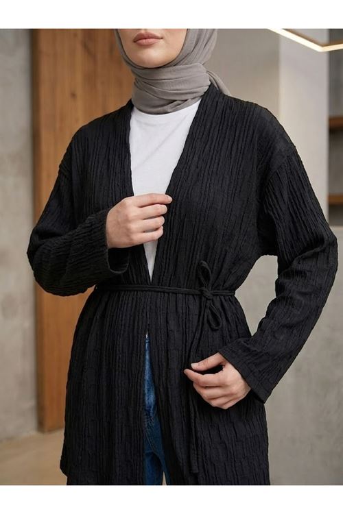 Lunsera Kadın Bürümcük Ağaç Kabuğu Kumaş Uzun Kollu Kimono Tesettür Hırka-Siyah