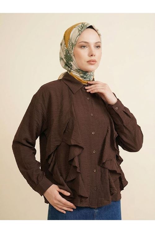 Lunsera Kadın Tül Çilek Kumaş Fırfır Detaylı Gömlek Uzun Kollu Tesettür Gömlek-Kahve