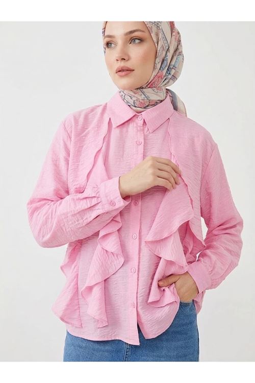 Lunsera Kadın Tül Çilek Kumaş Fırfır Detaylı Gömlek Uzun Kollu Tesettür Gömlek-Pembe