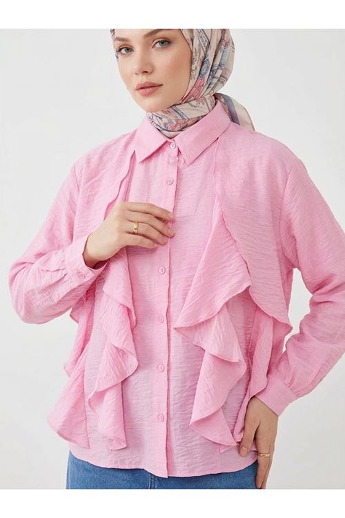 Lunsera Kadın Tül Çilek Kumaş Fırfır Detaylı Gömlek Uzun Kollu Tesettür Gömlek-Pembe