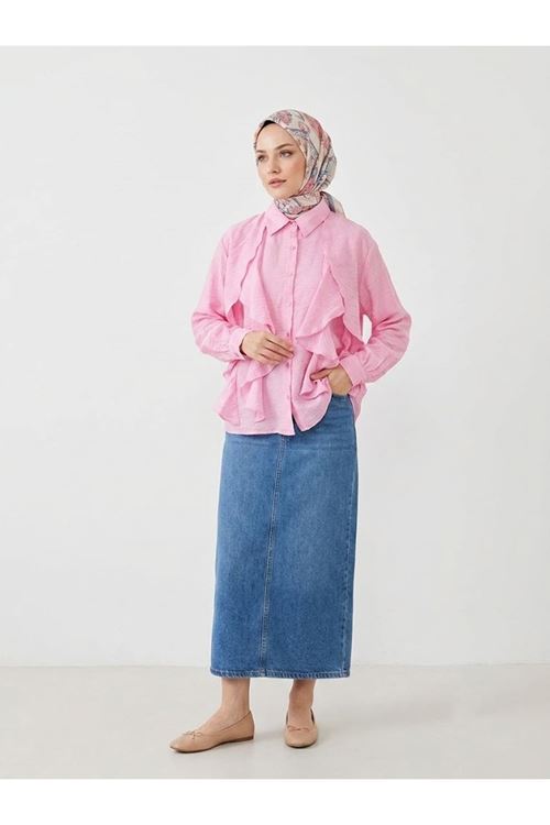 Lunsera Kadın Tül Çilek Kumaş Fırfır Detaylı Gömlek Uzun Kollu Tesettür Gömlek-Pembe