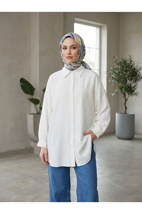 Ön Roba Detaylı Tunik-Ekru