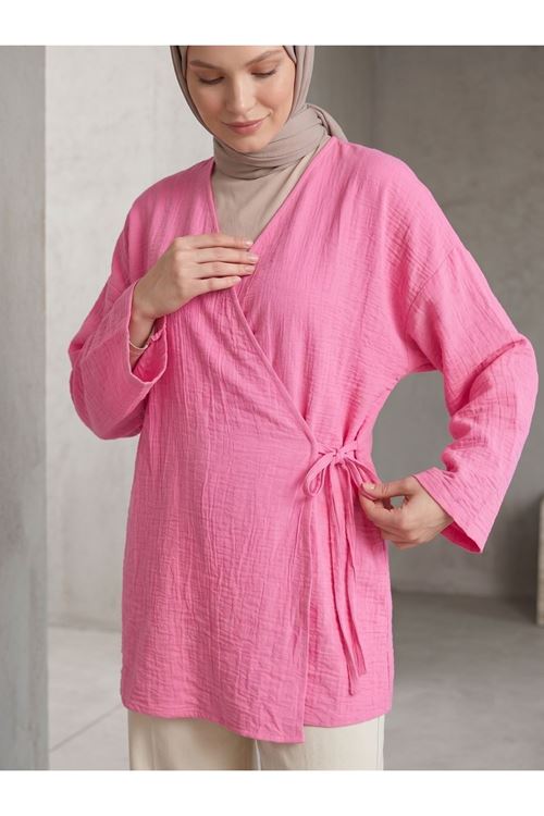 Lunsera Kadın Çilek Kumaş Kimono Bluz Yandan Bağlamalı Uzun Kollu Tesettür Bluz-Fuşya