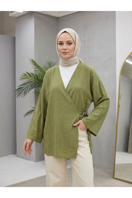 Lunsera Kadın Çilek Kumaş Kimono Bluz Yandan Bağlamalı Uzun Kollu Tesettür Bluz-Haki
