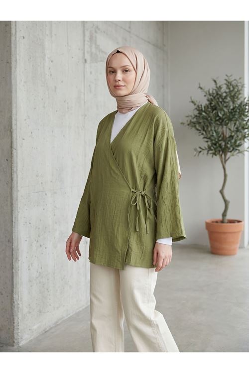Lunsera Kadın Çilek Kumaş Kimono Bluz Yandan Bağlamalı Uzun Kollu Tesettür Bluz-Haki