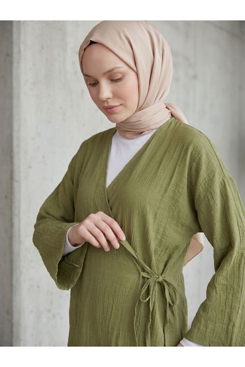 Lunsera Kadın Çilek Kumaş Kimono Bluz Yandan Bağlamalı Uzun Kollu Tesettür Bluz-Haki