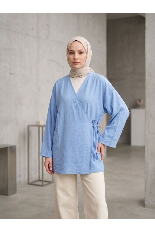 Lunsera Kadın Çilek Kumaş Kimono Bluz Yandan Bağlamalı Uzun Kollu Tesettür Bluz-Mavi