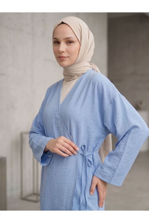 Lunsera Kadın Çilek Kumaş Kimono Bluz Yandan Bağlamalı Uzun Kollu Tesettür Bluz-Mavi