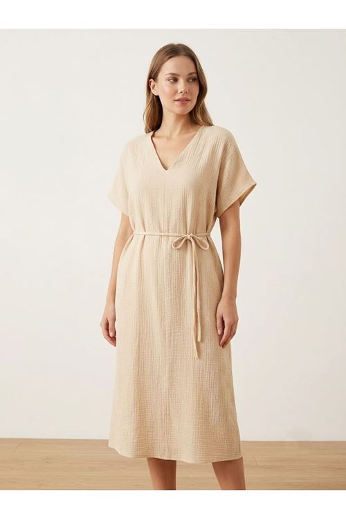 Lunsera Kadın Müslin Kumaş Uzun Tunik V Yaka Beli İpli Yazlık Tesettür Tunik-Bej