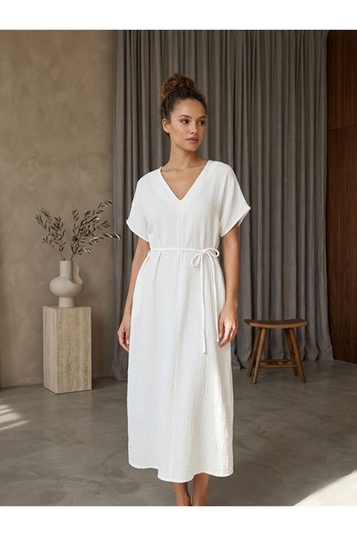 Lunsera Kadın Müslin Kumaş Uzun Tunik V Yaka Beli İpli Yazlık Tesettür Tunik-Ekru