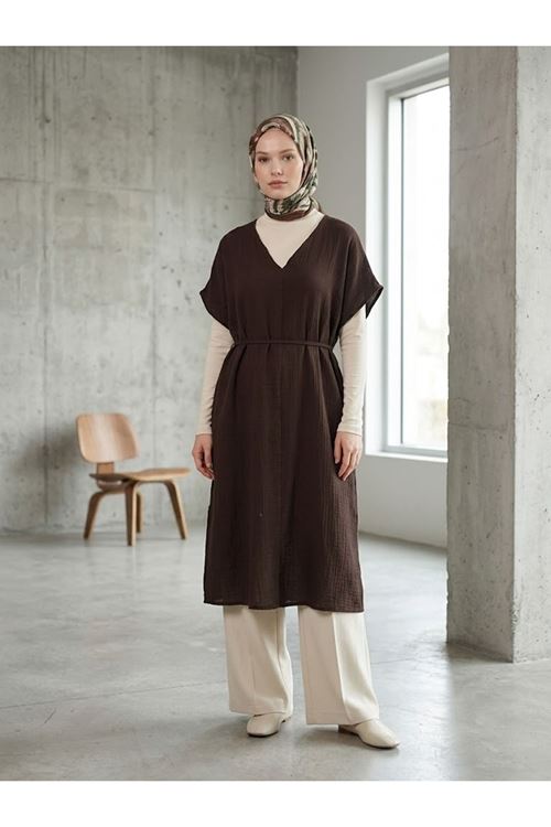 Lunsera Kadın Müslin Kumaş Uzun Tunik V Yaka Beli İpli Yazlık Tesettür Tunik-Kahve