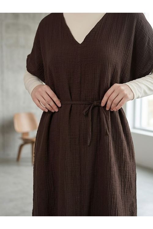 Lunsera Kadın Müslin Kumaş Uzun Tunik V Yaka Beli İpli Yazlık Tesettür Tunik-Kahve