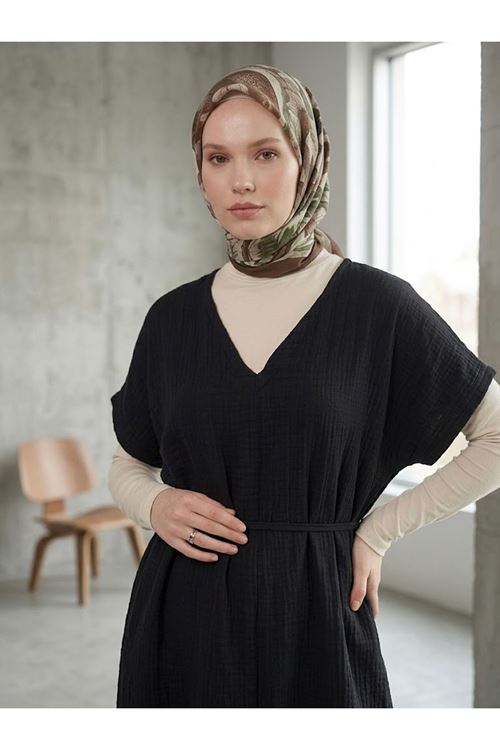 Lunsera Kadın Müslin Kumaş Uzun Tunik V Yaka Beli İpli Yazlık Tesettür Tunik-Siyah