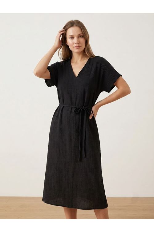 Lunsera Kadın Müslin Kumaş Uzun Tunik V Yaka Beli İpli Yazlık Tesettür Tunik-Siyah