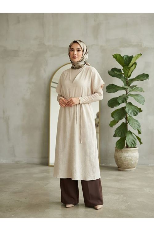 Lunsera Kadın Müslin Kumaş Uzun Tunik V Yaka Beli İpli Yazlık Tesettür Tunik-Taş