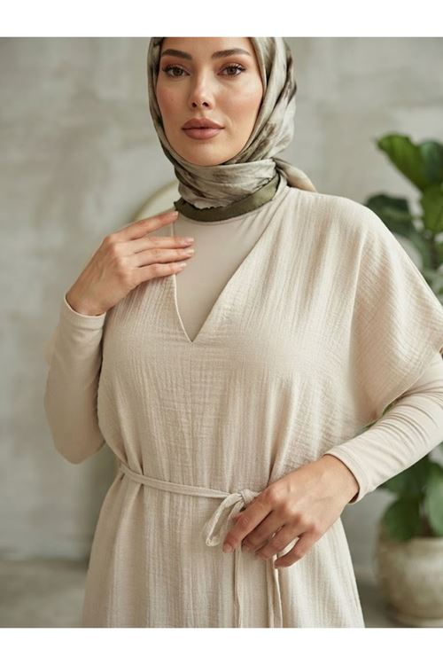 Lunsera Kadın Müslin Kumaş Uzun Tunik V Yaka Beli İpli Yazlık Tesettür Tunik-Taş
