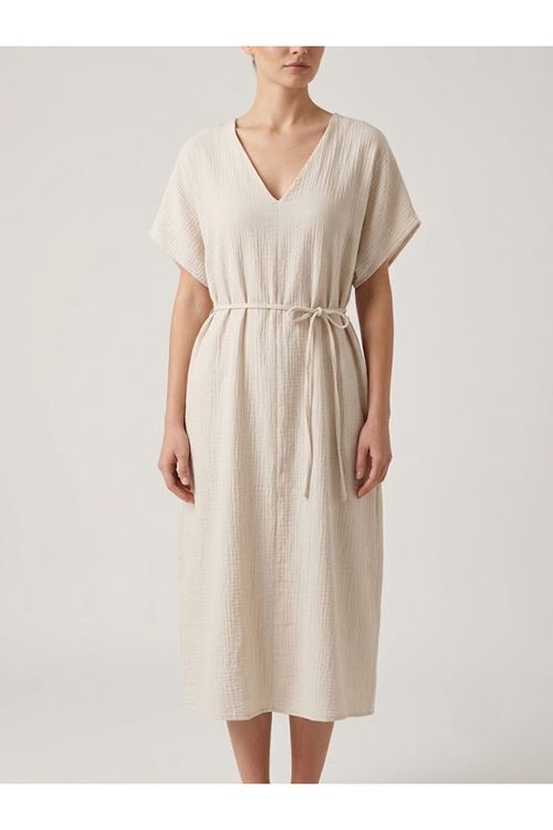 Lunsera Kadın Müslin Kumaş Uzun Tunik V Yaka Beli İpli Yazlık Tesettür Tunik-Taş