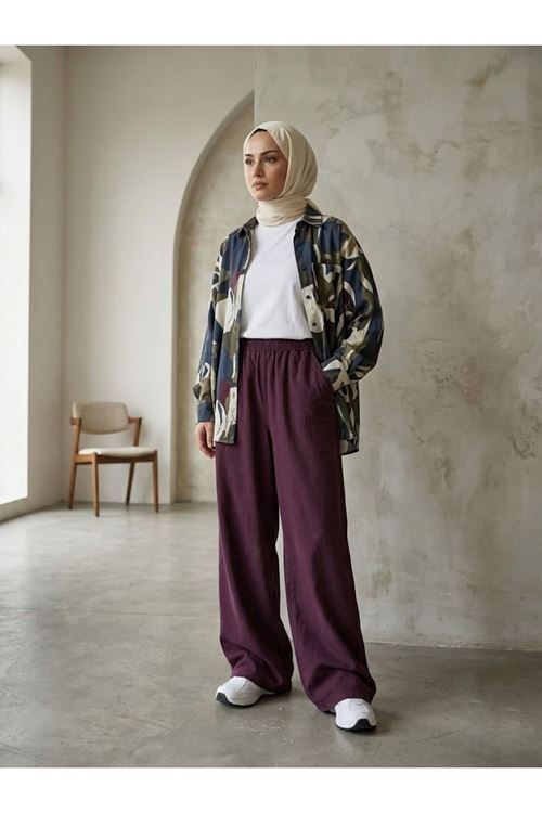 Kadın İnce Kot Kumaş Beli Lastikli Bol Paça Rahat Pantolon - Günlük Tesettür Kombin-Bordo