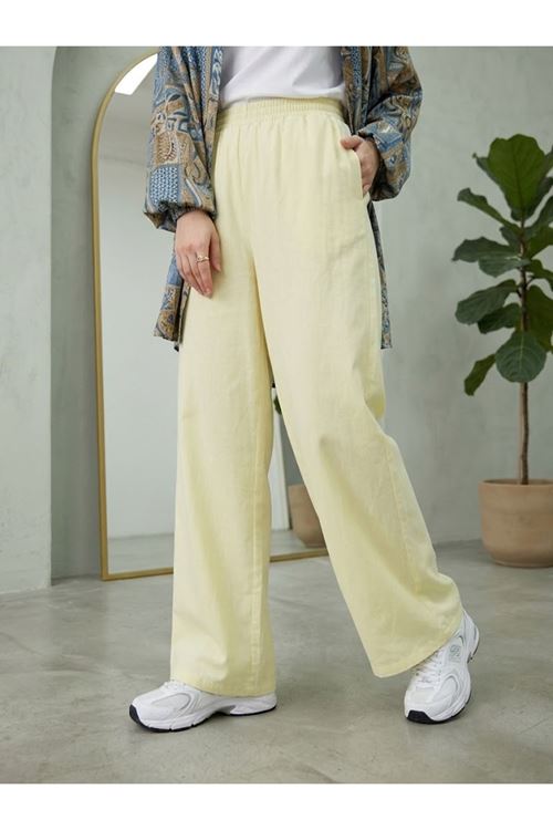 Kadın İnce Kot Kumaş Beli Lastikli Bol Paça Rahat Pantolon Günlük Tesettür Kombin-Sarı