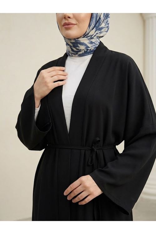 Kadın Dubai Kumaş Uzun Kimono Bağlamalı Tesettür Hırka Rahat Kalıp Mevsimlik-Siyah