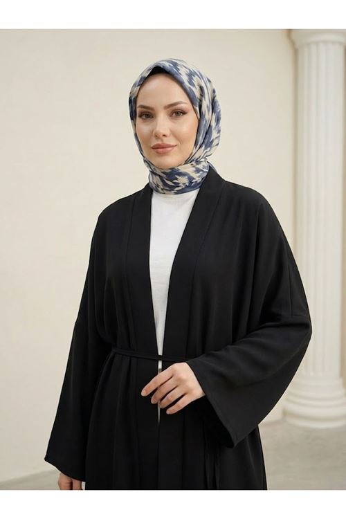 Kadın Dubai Kumaş Uzun Kimono Bağlamalı Tesettür Hırka Rahat Kalıp Mevsimlik-Siyah