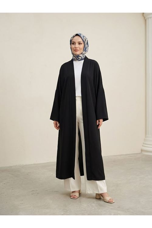 Kadın Dubai Kumaş Uzun Kimono Bağlamalı Tesettür Hırka Rahat Kalıp Mevsimlik-Siyah
