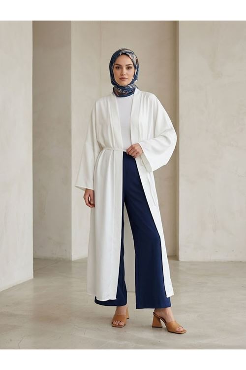Kadın Dubai Kumaş Uzun Kimono Bağlamalı Tesettür Hırka Rahat Kalıp Mevsimlik-Beyaz