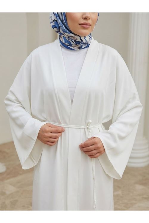 Kadın Dubai Kumaş Uzun Kimono Bağlamalı Tesettür Hırka Rahat Kalıp Mevsimlik-Beyaz