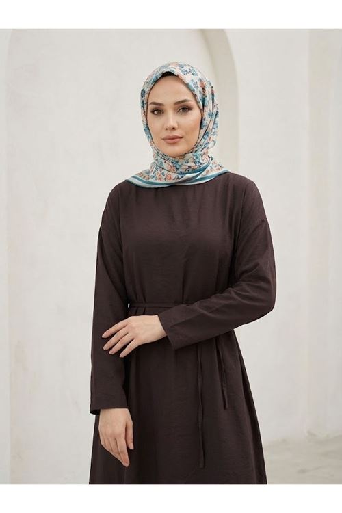 Lunsera Kadın Kupra Kumaş Uzun Tesettür Elbise Beli Bağlamalı Rahat Kalıp-Kahve