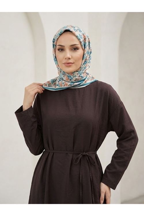 Lunsera Kadın Kupra Kumaş Uzun Tesettür Elbise Beli Bağlamalı Rahat Kalıp-Kahve