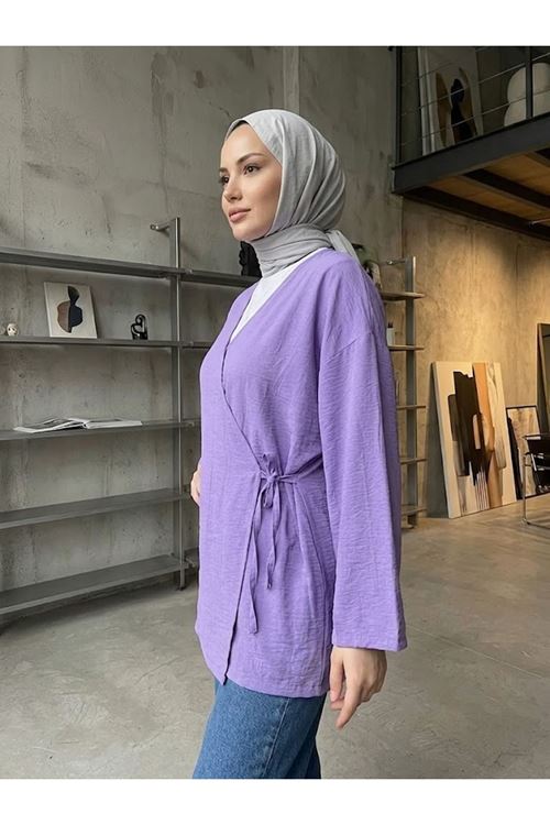 Lunsera Kadın Çilek Kumaş Kimono Bluz Yandan Bağlamalı Uzun Kollu Tesettür Bluz-Lila