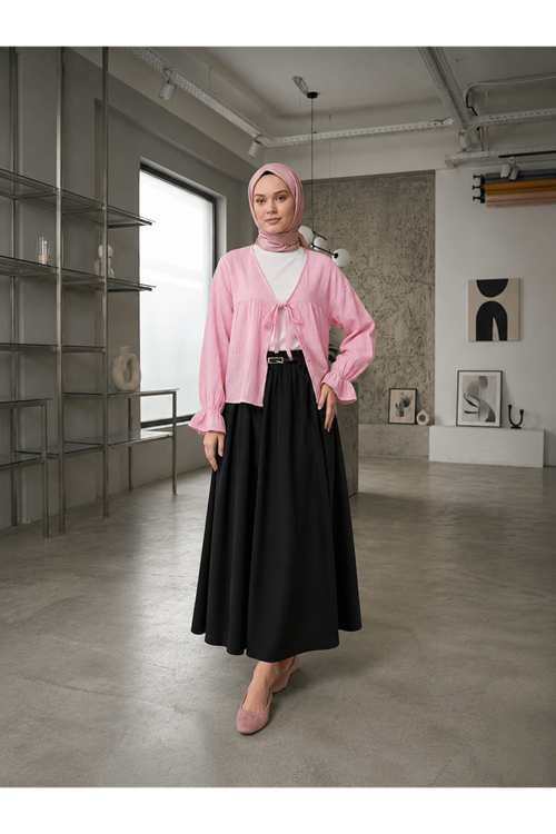 Lunsera Kadın Dubai Kumaş Maxi Etek Cepli Lastikli Uzun Etek -Siyah