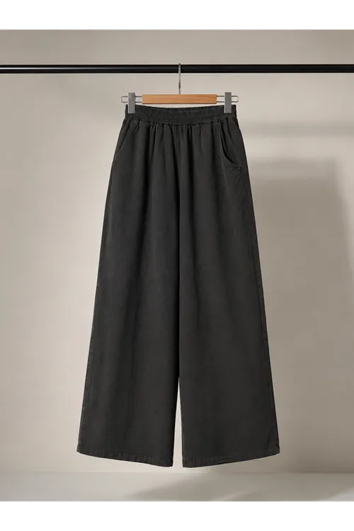 Lunsera Kadın Yıkamalı Kot Kumaş Geniş Paça Pantolon Lastikli Bel Cepli Rahat Kalıp 100 cm-Antrasit