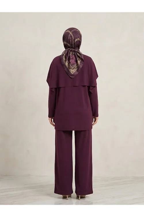 Kadın Modal Pike 3 Parça Takım Omuz Şallı Tunik Pantolon Rahat Kalıp Tesettür Takım-Bordo