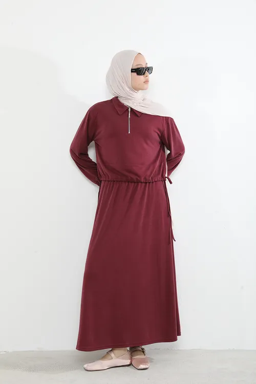 Yakalı Fermuar Detay Etekli Takım-Bordo